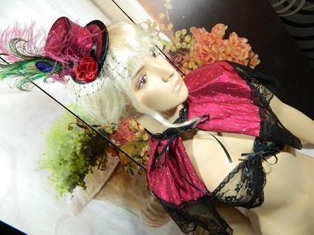 Set of Minihat & Mini Cape red glitter taffetta Gothic Burlesque Victorian Steampunk Larping Wedding