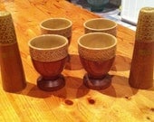 Set of '70s Ceramic and Wood egg cups and S n P shakers