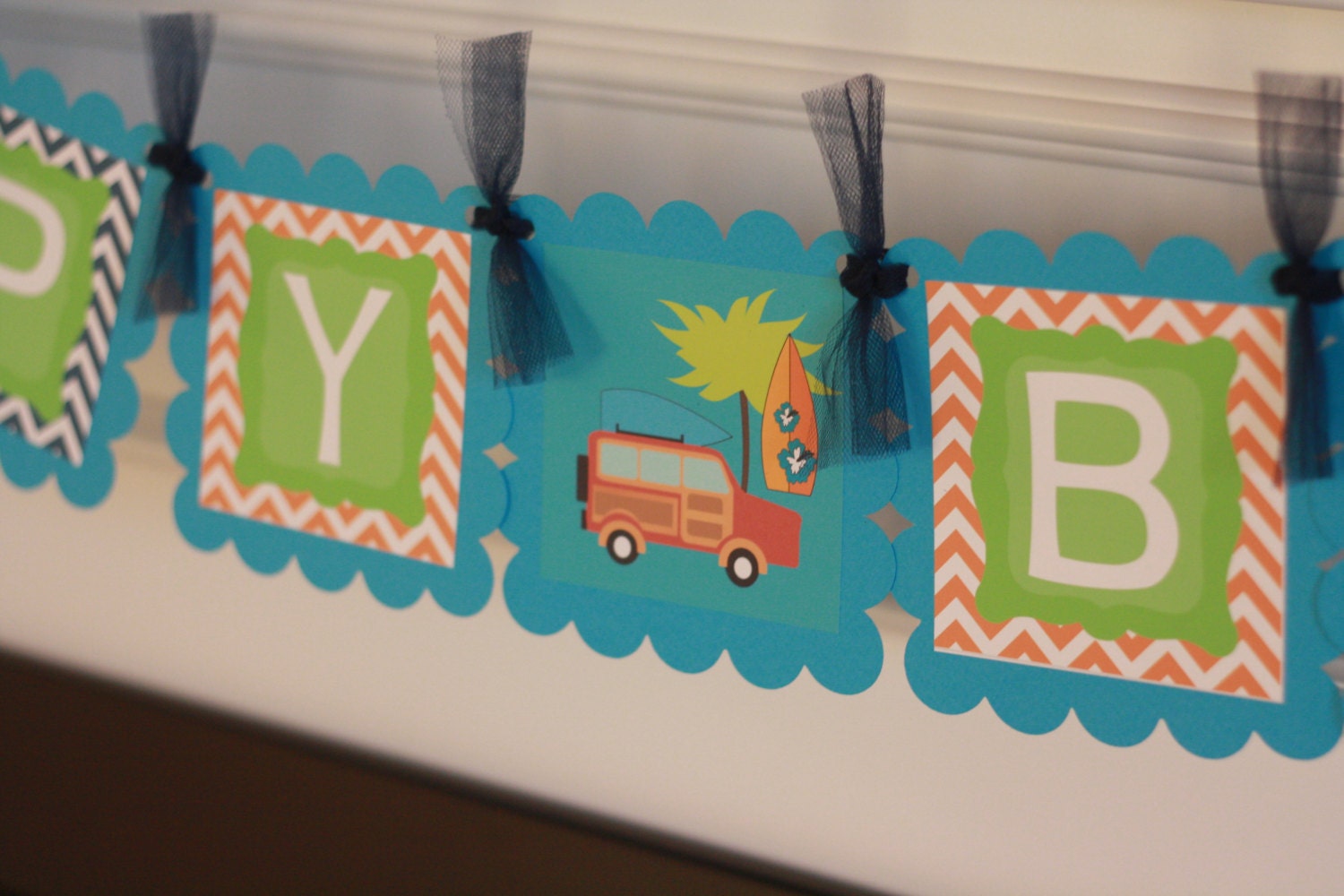 Happy Birthday Vintage Surf Board Hawaii Orange, Turquoise, Green Banner - Toppers, Favor Tags & Door Sign Available - Free Ship Over 60.00