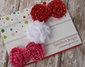 Rosette Headband Set, Set of 3, Red Pink White Polka Dot Bows, Shabby Chic Frayed Rosette, Baby Elastic Headbands, FOE, Newborn Starter Set