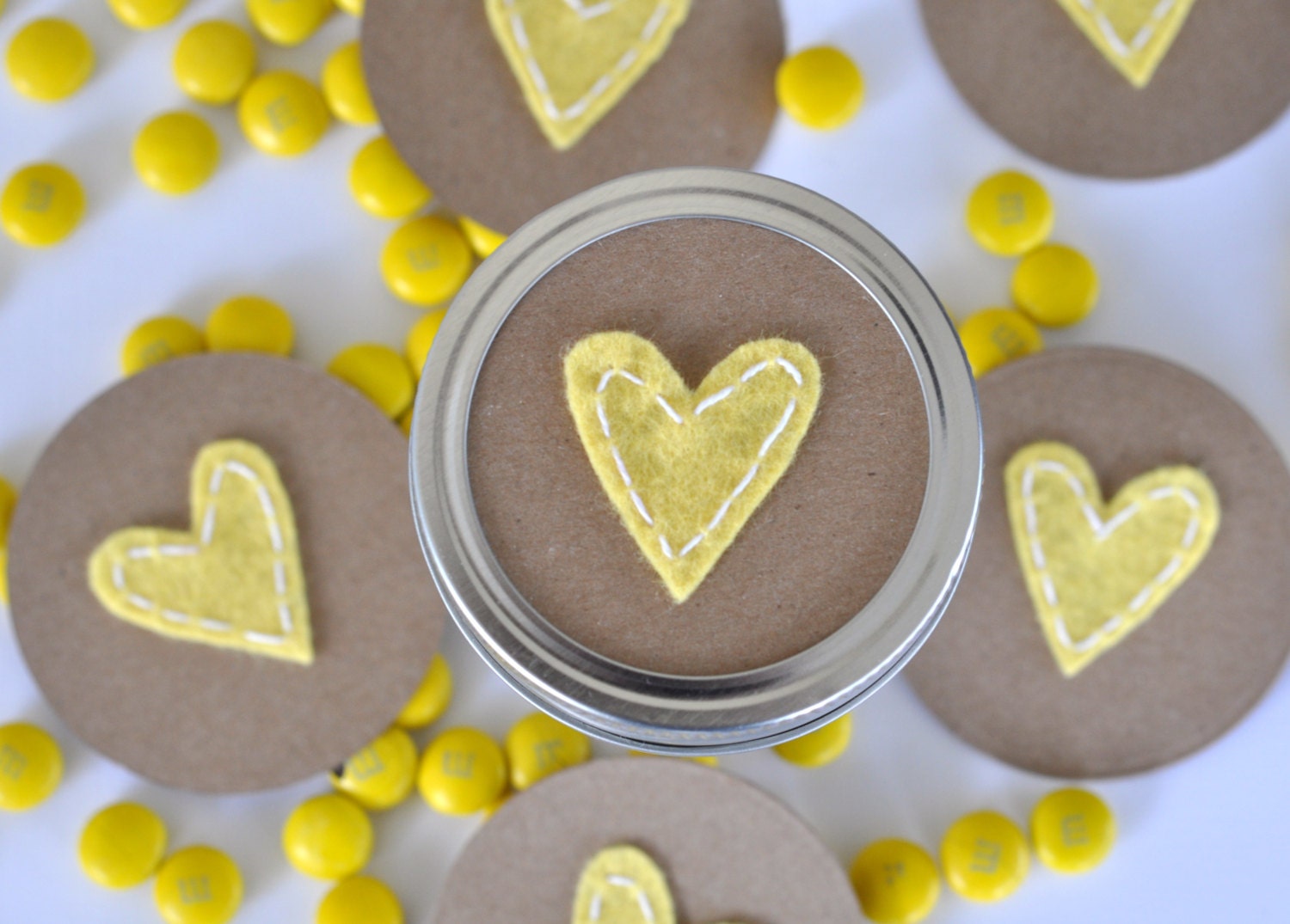 Felt yellow country hearts-regular or wide mouth mason jar toppers