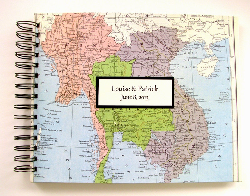 Wedding Gift - Large Personalized Honeymoon Journal / Photo Album with Custom Map, 8"x10"