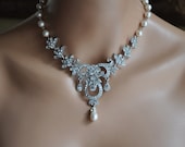 Bridal Necklace,Rhinestone and Pearl Necklace,Vintage Style Necklace,Antique Silver,Swarovski Crystal and Pearl Necklace,MARI