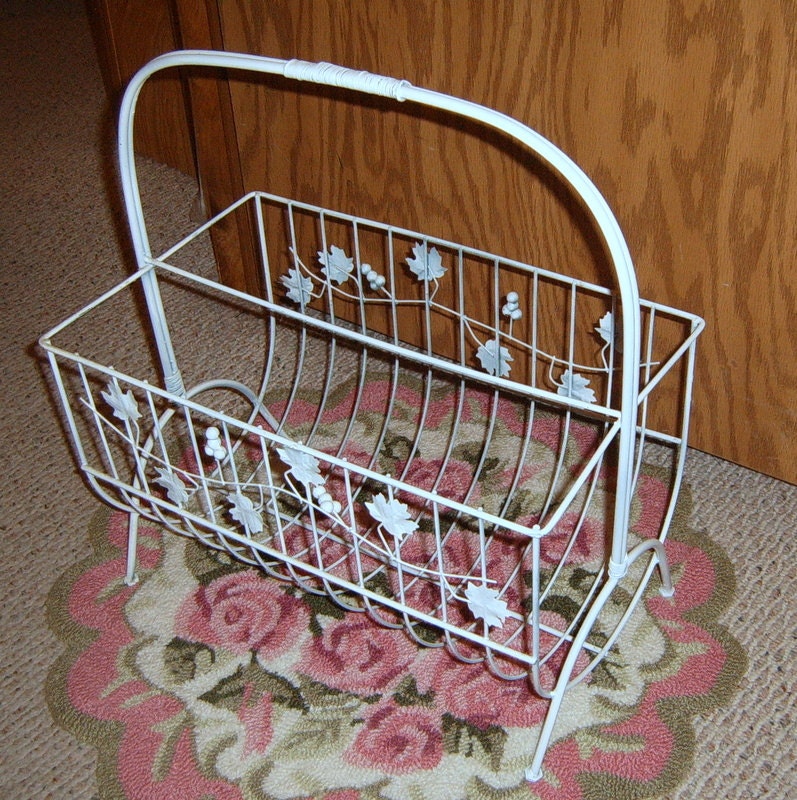 Vintage, Metal Magazine Rack, Large Planter , Farmhouse,  Metal Basket, Grape Leaf Design, White, Chippy, Shabby Chic, Cottage