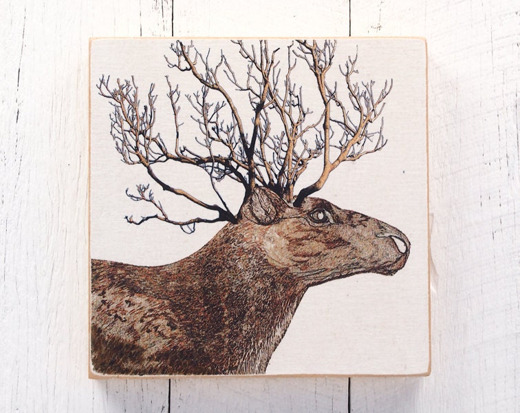 Original Painting Artwork - Wooden Block - Home Decor Gift- Handmade : drawing-painting-photo --- DEER ---