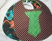 Boy Bib Set- Plush Brown Guitar Print/ Brown Polka Dot with Green Paisley Tie (baby bib with Tie)