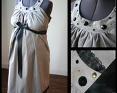 Maternity Hospital Labor Gown-Gray Sparkle, Black Lace Trim, Gold, Silver Studs, Black Jeweled Neckline