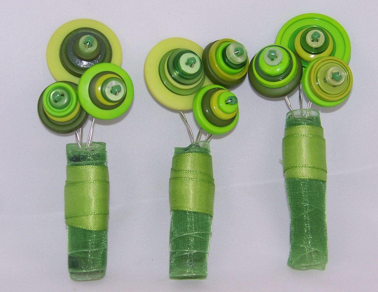 Shades of Green Button Blossom Wedding Boutonnieres - Set of Three