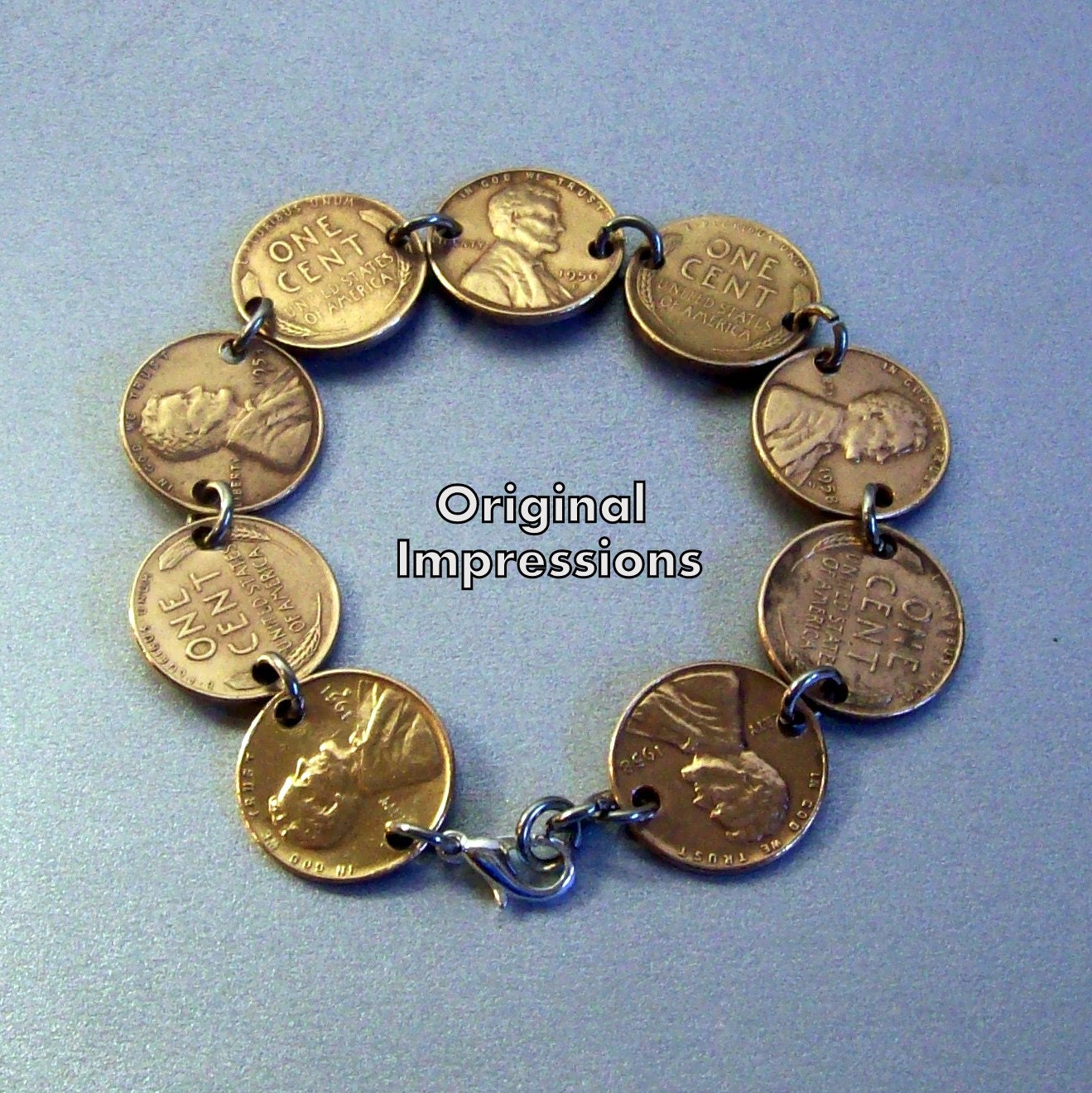Wheat penny bracelet - coin jewelry bracelet made of  genuine vintage U.S. wheat pennies from the 1950's.
