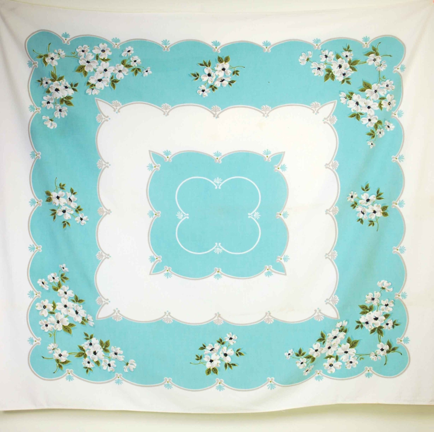 1950's Dogwood Floral Print Tablecloth with Robin's Egg Blue Border