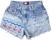 Nautical Anchor Waves Ocean USA Shorts Hand Painted Vintage Distressed High Waisted Denim Boho Hipster Small Medium W25