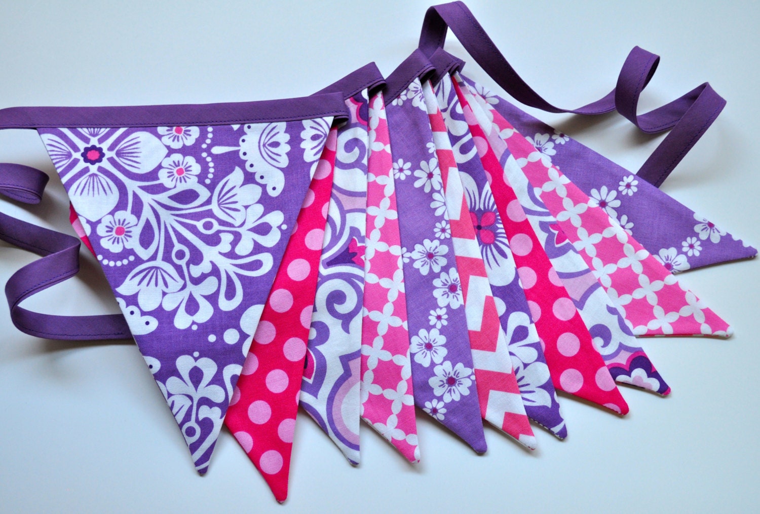 pink and purple girls fabric banner bunting, birthday party decoration, photo prop, girls room dorm decor