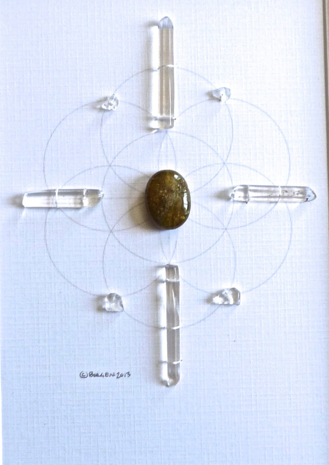 ABUNDANCE HEART HEALING --- framed sacred crystal grid --- green garnet, clear quartz