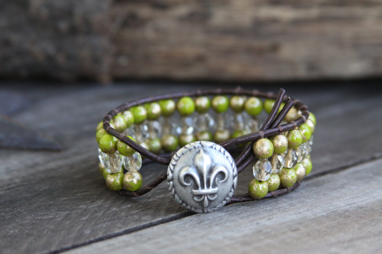 Beaded Leather Wrap Bracelet, Cuff, Boho chic, green and gold, fleur de lis, knotted