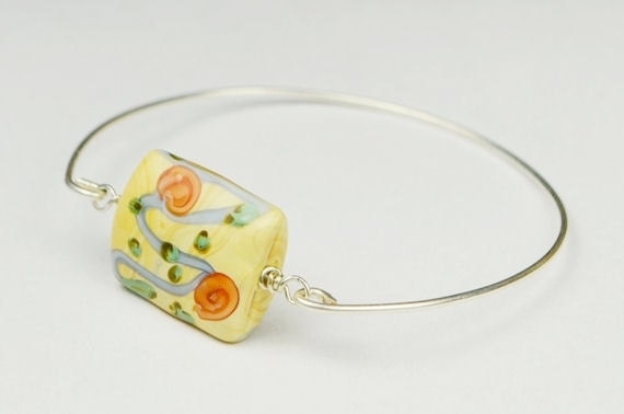Sterling Silver Filled Bangle Bracelet- Lampwork Yellow Flower Bead and Sterling Silver Filled Wire- Custom Made to Size
