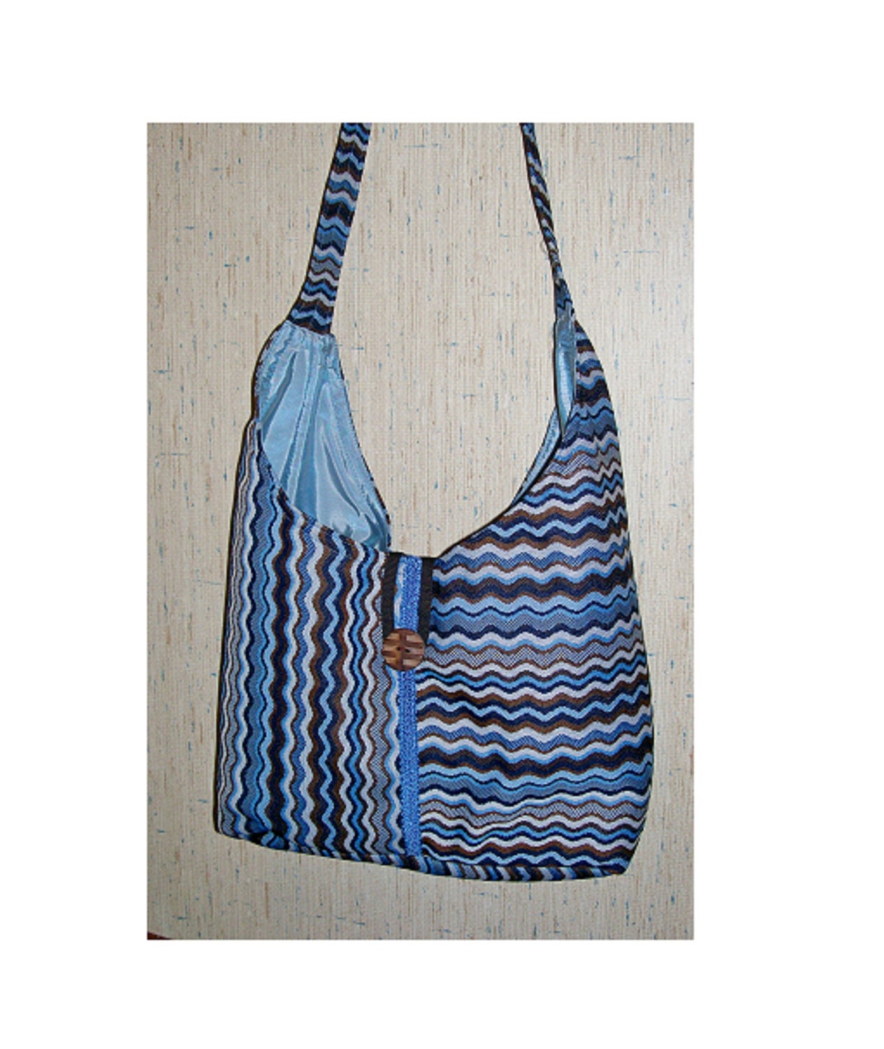 70s Polyester HOBO BAG Purse Wavy Lines Brown and blue shoulder bag Cross Body