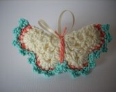 Crocheted butterfly little ornament keychain creme aqua coral