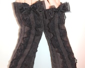 Dark grey fingerless gloves black lace bow crystal acrylic arm warmers fingerless mittens gothic victorian