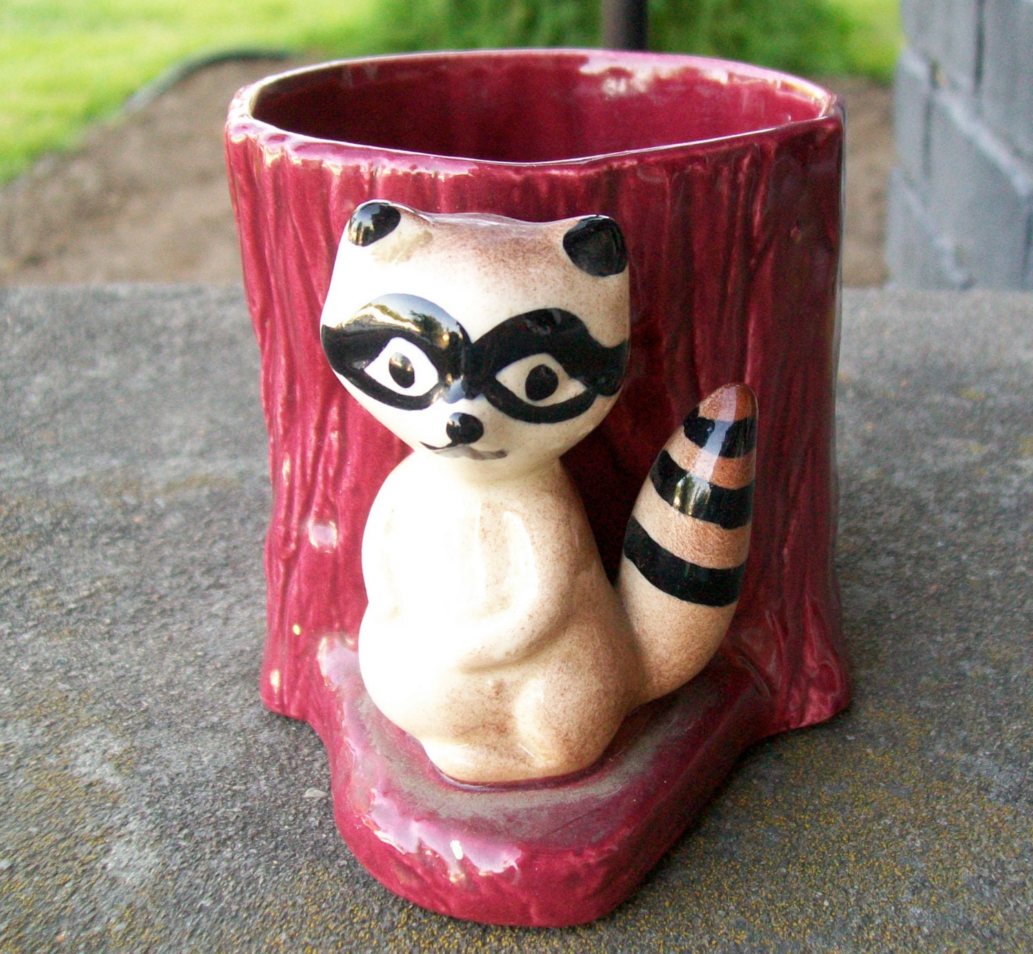 Adorable Vintage Raccoon and Tree Stump Planter