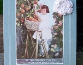 Collaged Lace Flower Repro Postcard Light Blue Wooden Ephemera Box