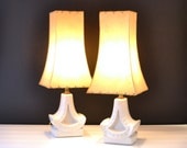Art Deco Lamps - Fiberglass Shade - Vintage Lamps - Ceramic Crackle Base - Bedside Lamps - Set of 2