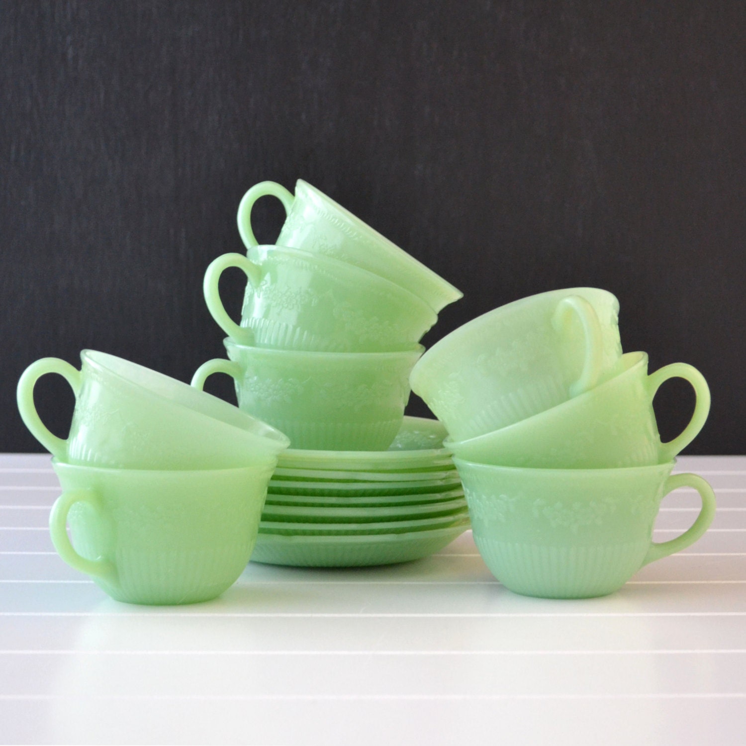 Fire King Jadite Jadeite - Alice Pattern - Jadeite Cup and Saucer - Set of 8