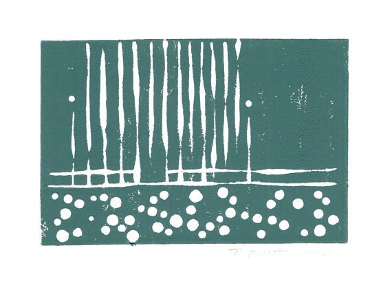 SALE REDUCED Modern Contemporary Lines and Circles Art Block Print 4 x 6 Home Decor / Slate Grey Blue / Hand Pulled Linocut