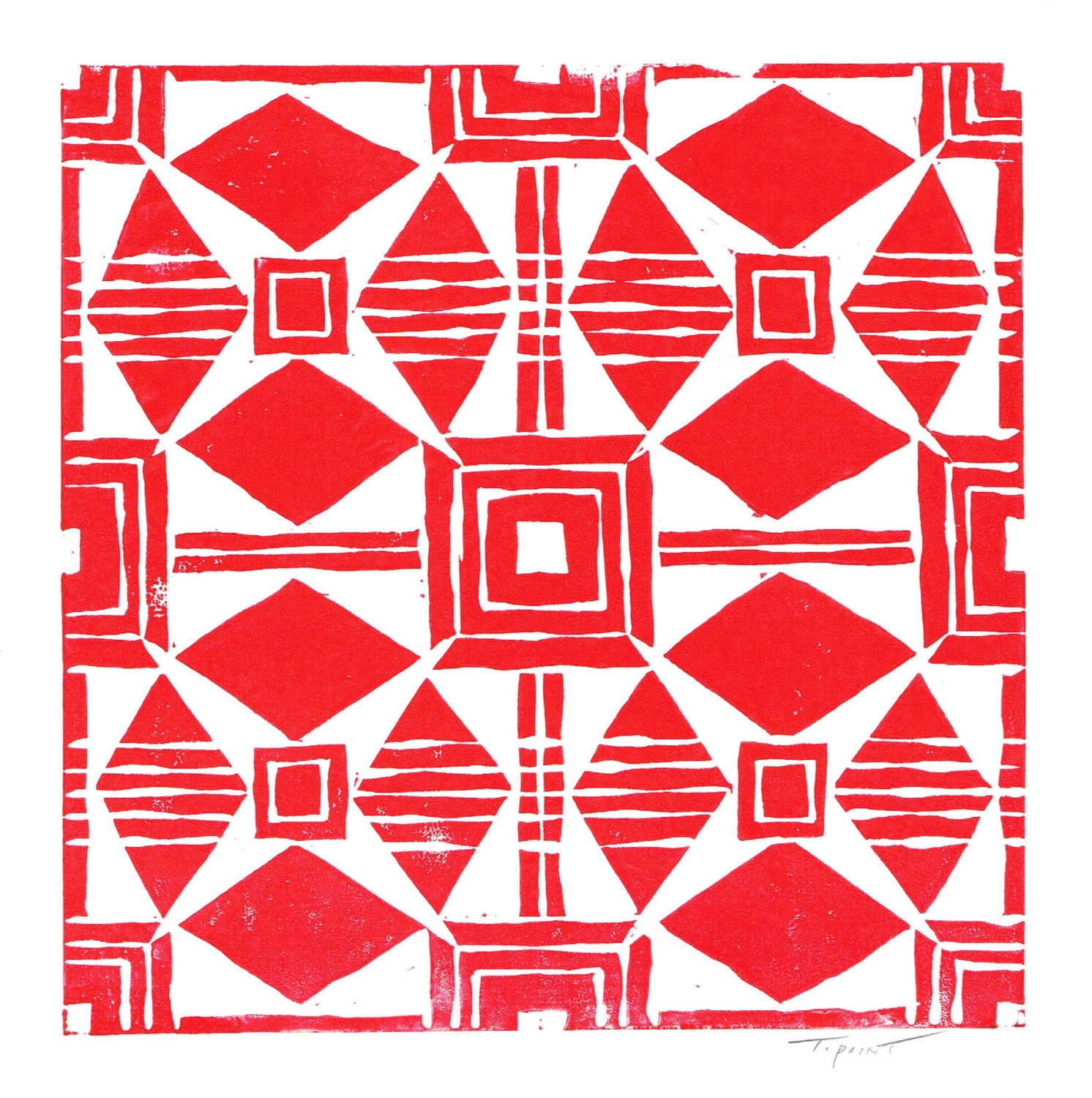 Abstract Repeating Geometric Pattern Linocut Art Print / 8 x 8 Square Home Decor / Red, Midnight Purple