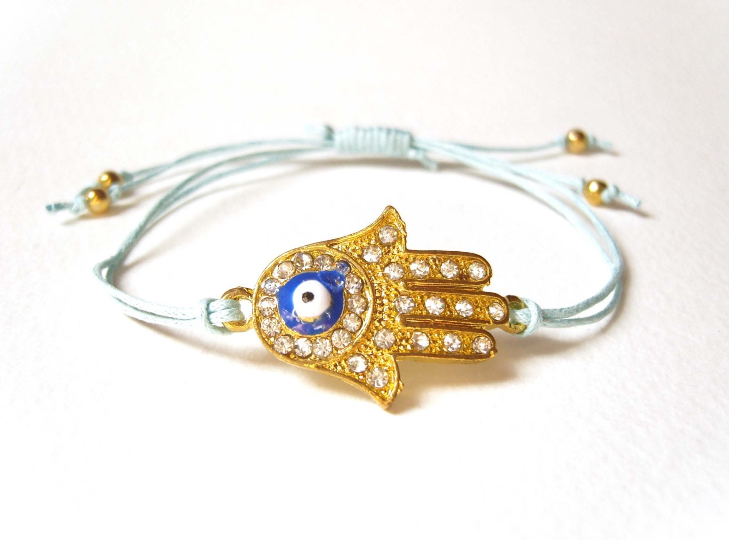 Hand of God Bracelet, Gold Hamsa Bracelet, Blue Cord Bracelet, Diamante Hamsa Jewelry UK