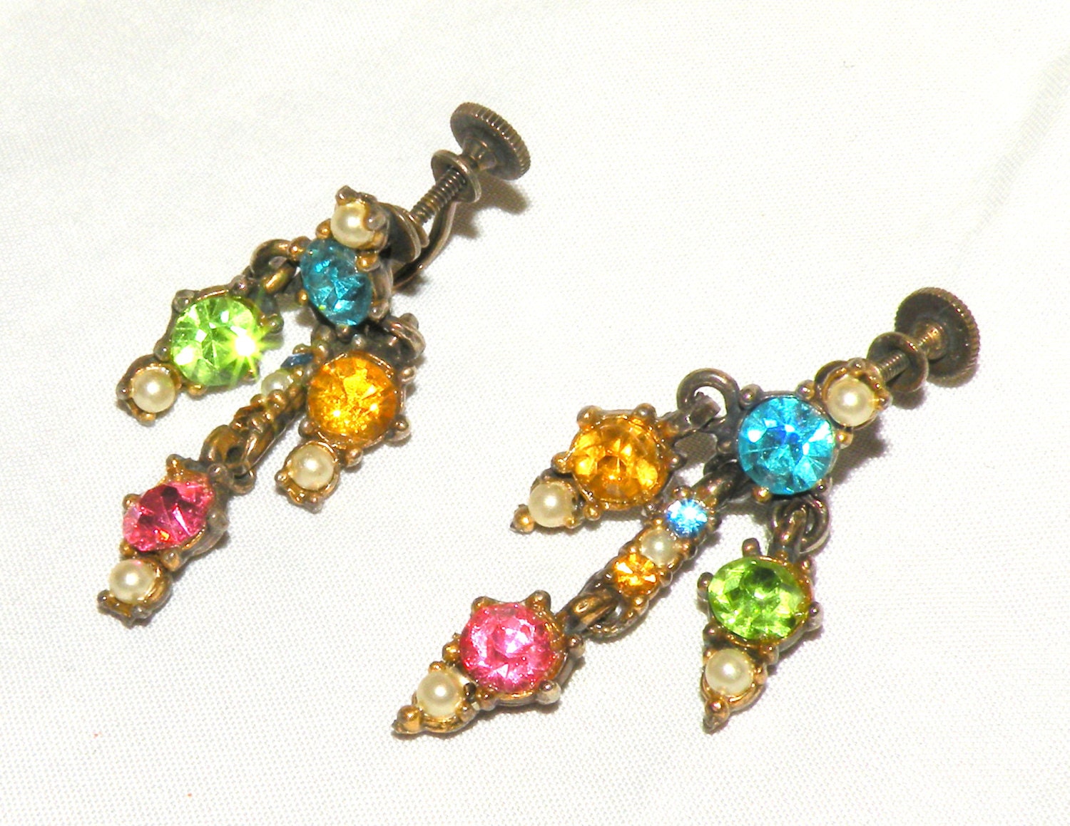 Vintage Earrings Multi-Color Rhinestone Dangling Screw Back  w/ Faux Pearls
