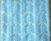 NEW Handmade BLUE Knit Crochet BABY Afghan Blanket Throw Newborn Infant Wave Trim
