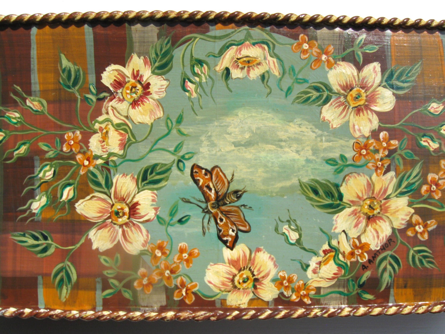Hand Painted Upcycled Vintage Metal Box Roses Flowers Moth Sky Home Decor Original Art Vintage Box Cottage Chic OOAK Nature Theme