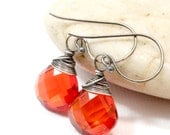 Red Orange Quartz Earrings, Sterling Silver Fire Opal Quartz Earrings, Wire Wrapped Gemstone Jewelry