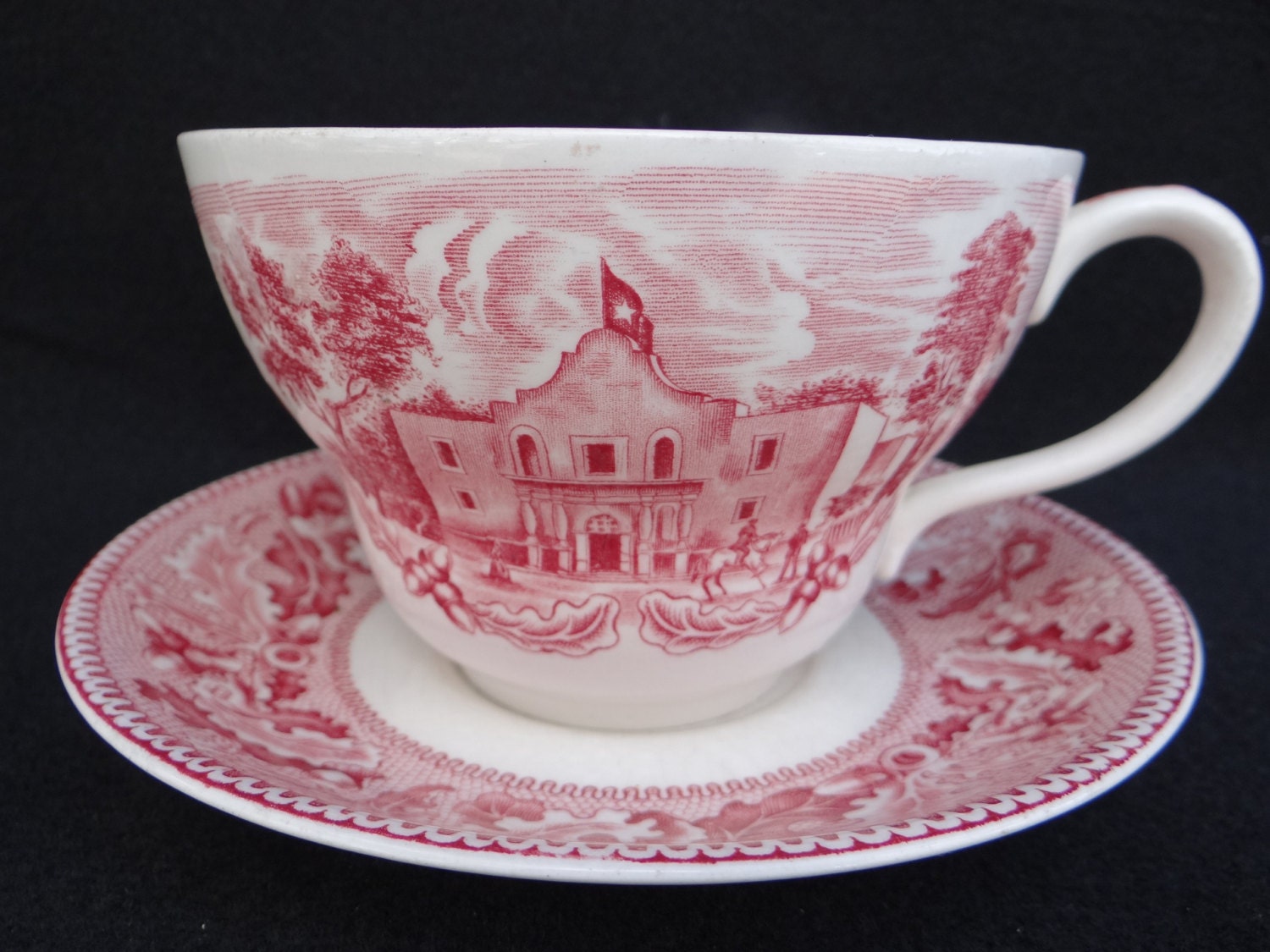 Johnson Brothers Oversized Ironstone Alamo China Cup and Saucer, Red Transferware, England