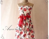 My Beloved Tea Dress Red Rose Dress Floral Tea Dress Vintage Inspired Vintage Simply Classy Floral Strapless Dress -XS-S-