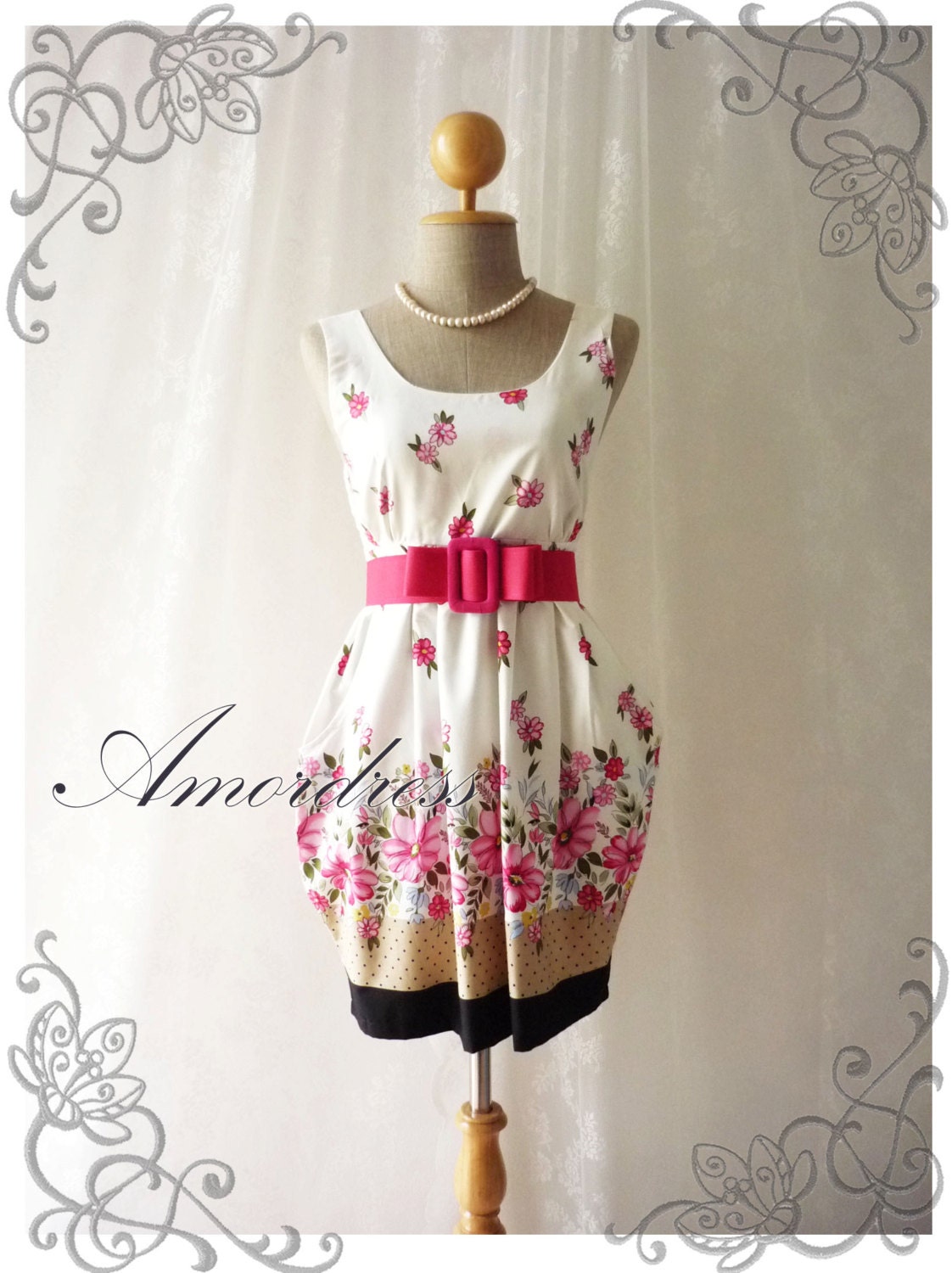 Spring Floral Dress Blooming Pink Floral Summer Dress Party Garden Tea Dress Sunderss Mini Dress New Vase Shape -Size XS-S-