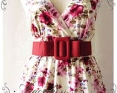 Floral Tea Dress Summer Red Pink Floral Light Cream Dress High Waisted Vintage Inspired Dress Cocktail Garden Dress Tea Party Dresses -S-M-