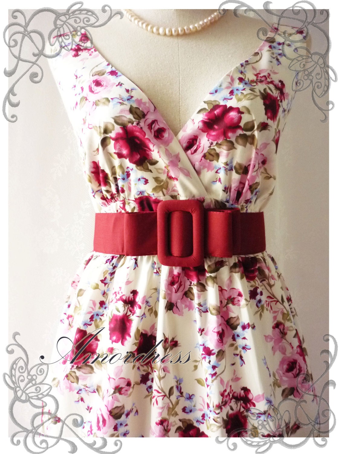 Floral Tea Dress Summer Red Pink Floral Light Cream Dress High Waisted Vintage Inspired Dress Cocktail Garden Dress Tea Party Dresses -S-M-