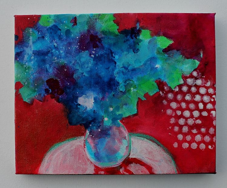 Original Still Life Painting Abstract Floral  Acrylic "Blue Flowers in a Red Room"