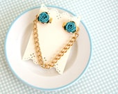 Light Teal Pool Rose  / Gold Tone Chain / Sweater Guard Collar Clip