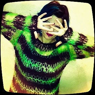 7 DaY SaLe --- Handmade in England - Snot Green PUNK MOHAIR SWEATER, Seditionaries style, Stripey, Holey, KbD, indie, Sex Pistols "AnY SiZe"