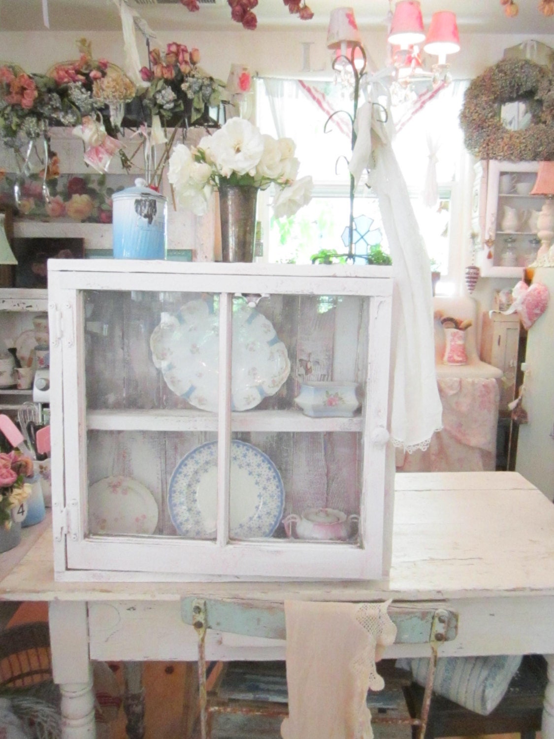 Vintage chippy painted white and pink cabinet cupboard cottage chic shabby chic prairie