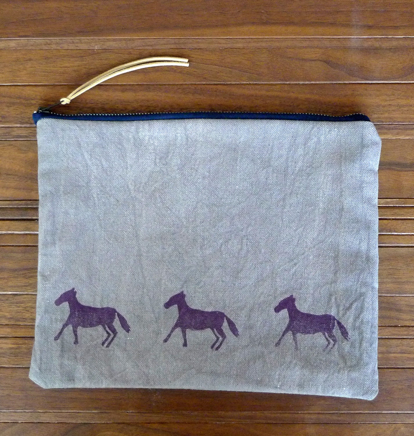 Horse Zip Pouch Hand Dyed and Hand Printed Purple and Brown