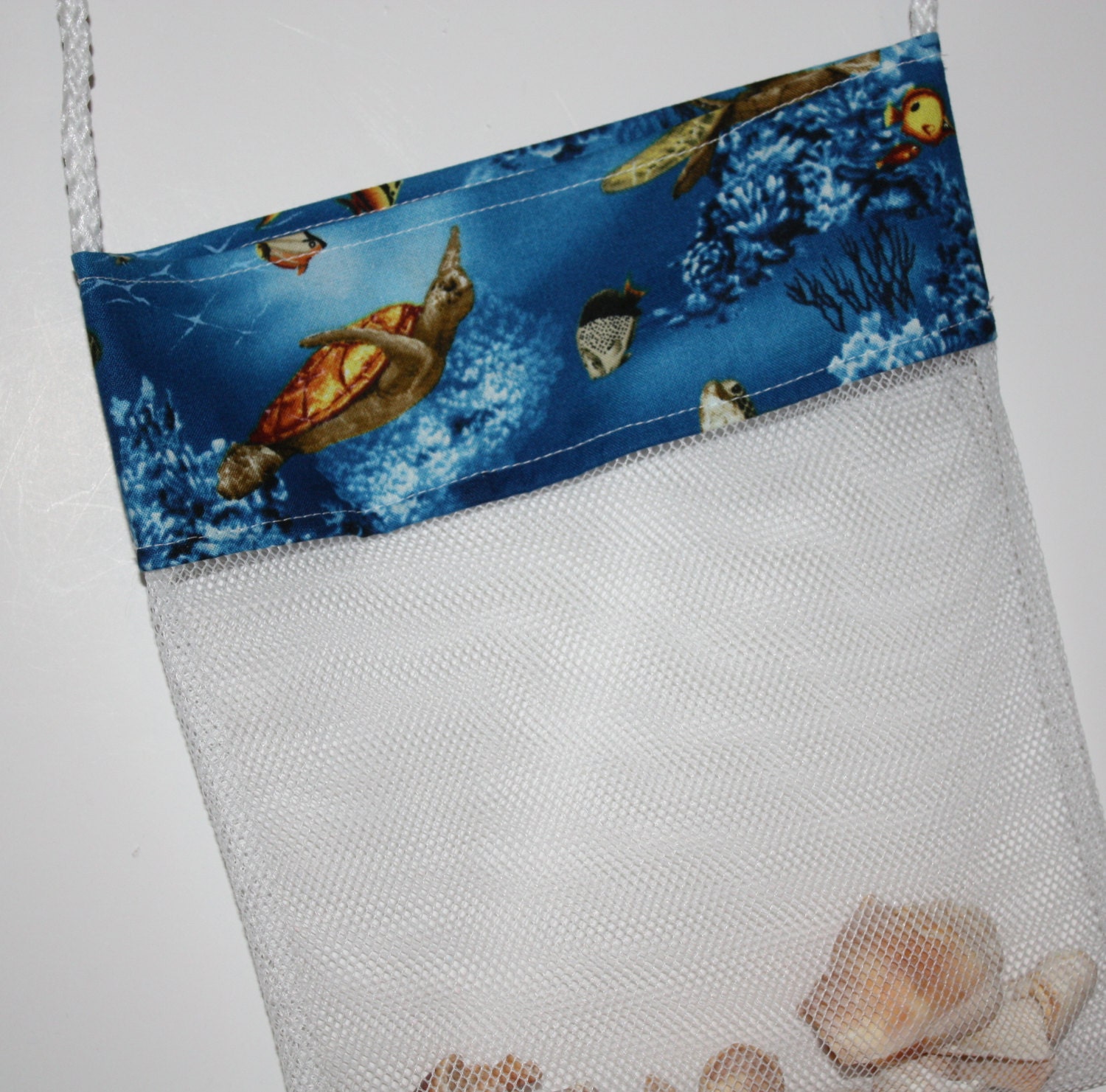 Shell Bag Mesh SEA TURTLES Beach Bag, Shower Caddy, Sea shell collecting bag