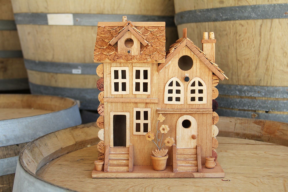 Birdhouse "Two Townhouses" , wood and wine corks