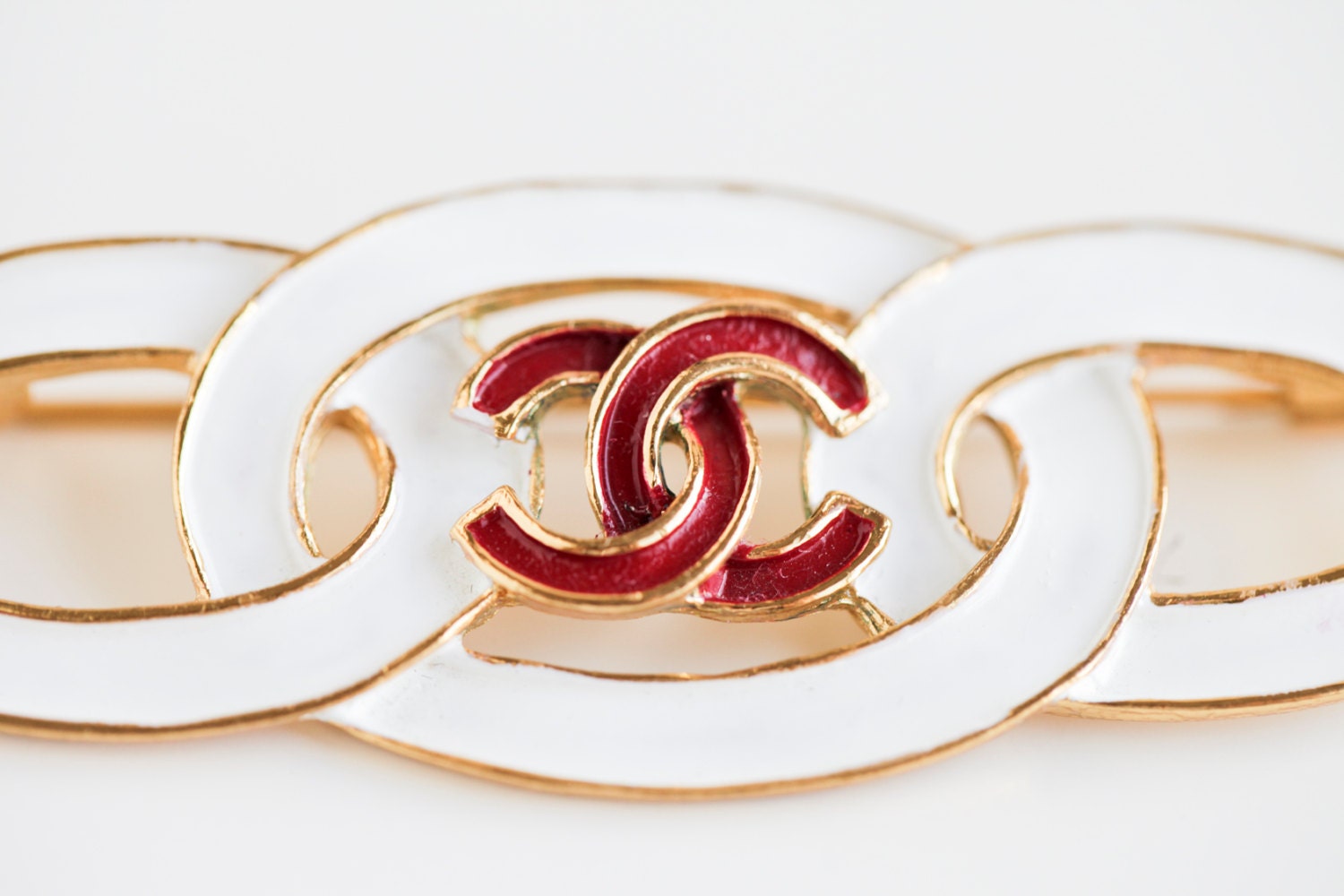 Vintage Authentic CHANEL 1993 Runway Brooch with Red Double C Logo with Original Tags