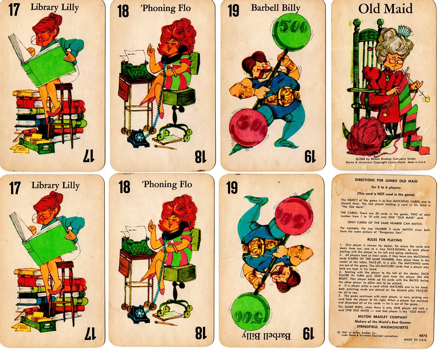 Vintage Jumbo Old Maid Cards 1967 Librarian, Weight Lifter, Woman on Phone, Lot of 8 Large Cards