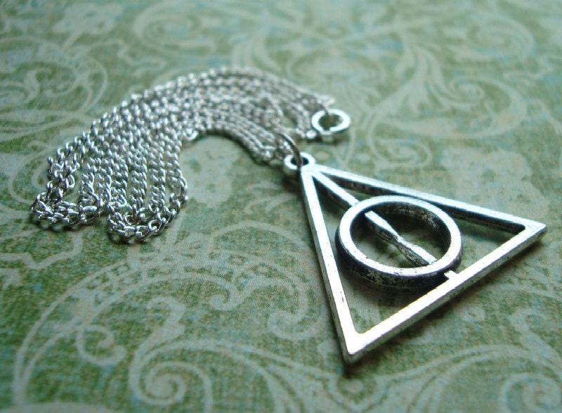 Deathly Hallows Necklace - Harry Potter Pendant - Silver Metal Charm - Librarian Teacher Gratuation Gift