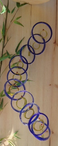 RECYCLING COBALT BLUE bottles into handmade windchimes, eco friendly and green, garden decor, wind chime, colorful and musical, 112