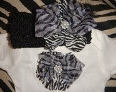 Newborn Baby girl outfit zebra print  ribbon onesie bodysuit with matching headband oversized bow, feather, flowers, bling accent